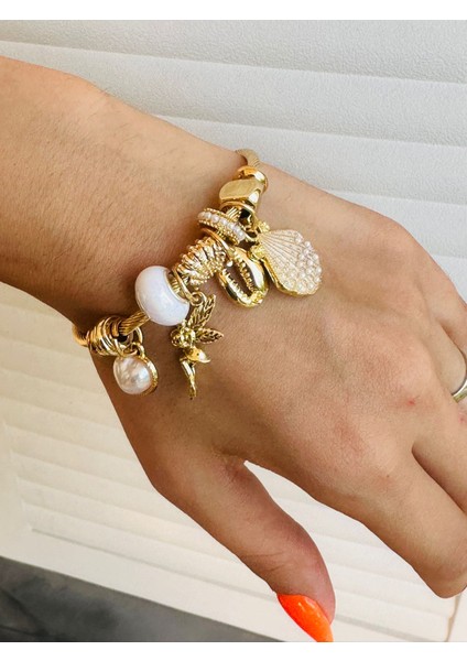 Deniz Kabuklu Melek ve Kalpli Kadın Kelepçe Bileklik