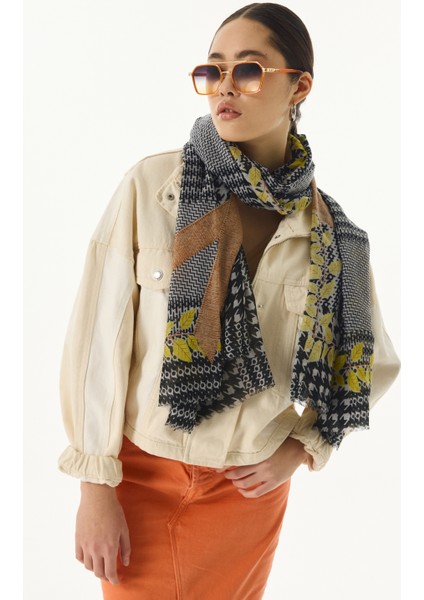 Tulip Yaprak Desen Siyah-Sarı Pamuklu Şal