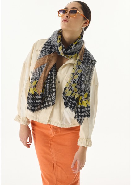 Tulip Yaprak Desen Siyah-Sarı Pamuklu Şal fiyatları