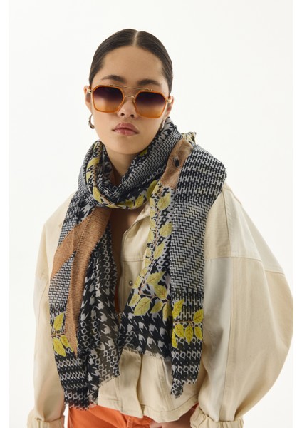 Tulip Yaprak Desen Siyah-Sarı Pamuklu Şal modelleri