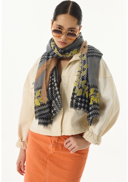 Tulip Yaprak Desen Siyah-Sarı Pamuklu Şal fırsatları