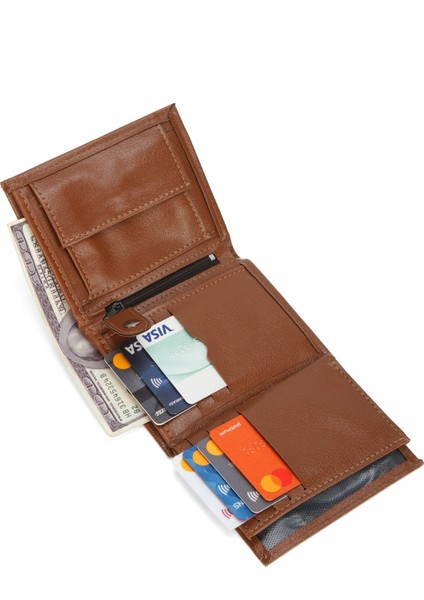 Erkek Bozuk Para Hazneli Kartlık ve Cüzdan - NEWPOLO033 - Taba