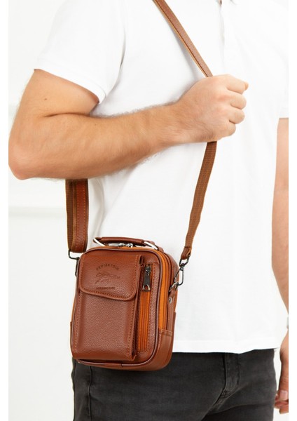 Erkek Deri Çelik Kasalı Kapaklı Omuz ve El Çantası (15X19CM) NEWPOLO189 - Taba