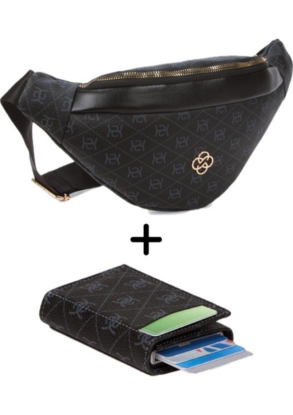 Kadın Desenli Mekanizmalı Cüzdan ve Çapraz Omuz Askılı Bel ve Omuz Çantası - Siyah- NEWPOLO345