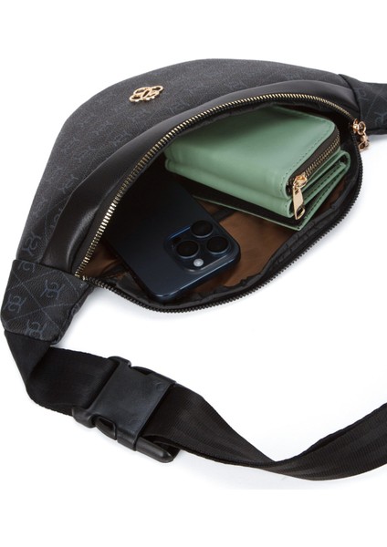 Kadın Desenli Mekanizmalı Cüzdan ve Çapraz Omuz Askılı Bel ve Omuz Çantası - Siyah- NEWPOLO345