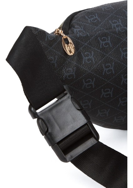 Kadın Desenli Mekanizmalı Cüzdan ve Çapraz Omuz Askılı Bel ve Omuz Çantası - Siyah- NEWPOLO345