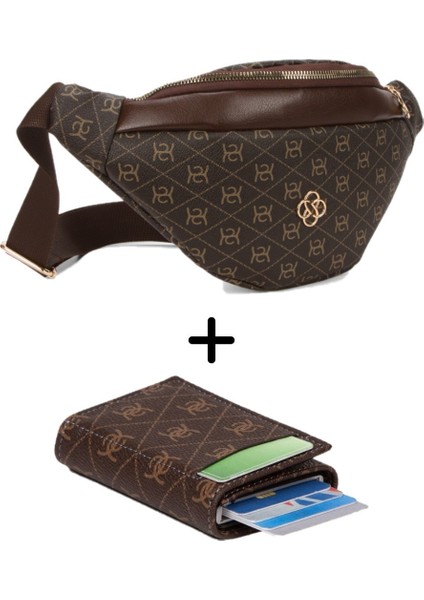 Kadın Desenli Mekanizmalı Cüzdan ve Çapraz Omuz Askılı Bel ve Omuz Çantası - Kahverengi - NEWPOLO345