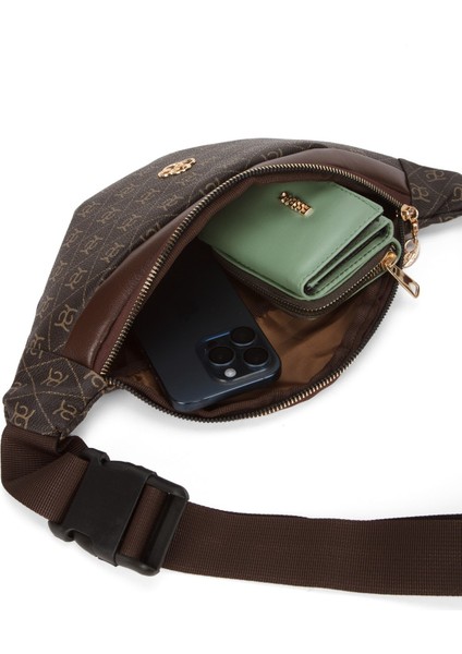 Kadın Desenli Mekanizmalı Cüzdan ve Çapraz Omuz Askılı Bel ve Omuz Çantası - Kahverengi - NEWPOLO345