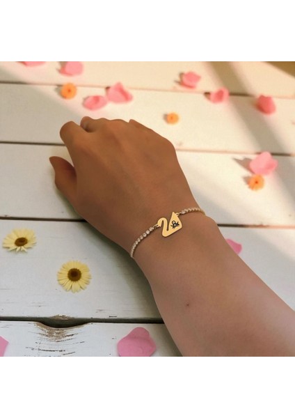 14 Ayar Altın Plakalı Hz Ali Temalı Kuğu Kuşu Motifli Beyaz Taşlı Hediye BILEKLIK-601SEMBOL