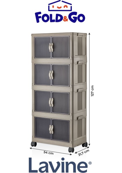 Lavine Fold&go 4'lü Portatif Organizer Tekerlekli Dolap Çok Amaçlı Kapaklı Katlanır ”Toprak”
