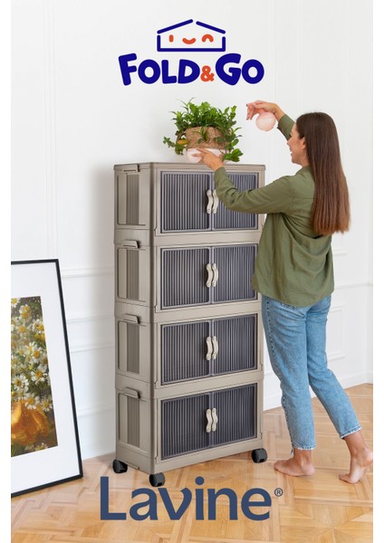 Lavine Fold&go 4'lü Portatif Organizer Tekerlekli Dolap Çok Amaçlı Kapaklı Katlanır ”Toprak”