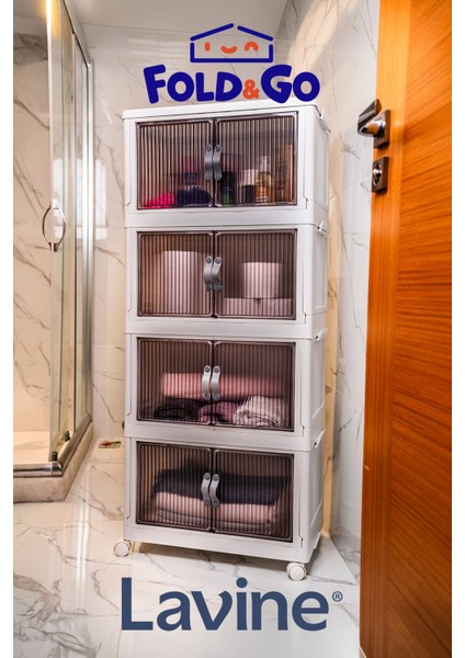 Lavine Fold&go 4'lü Portatif Organizer Tekerlekli Dolap Çok Amaçlı Kapaklı Katlanır ”Toprak”