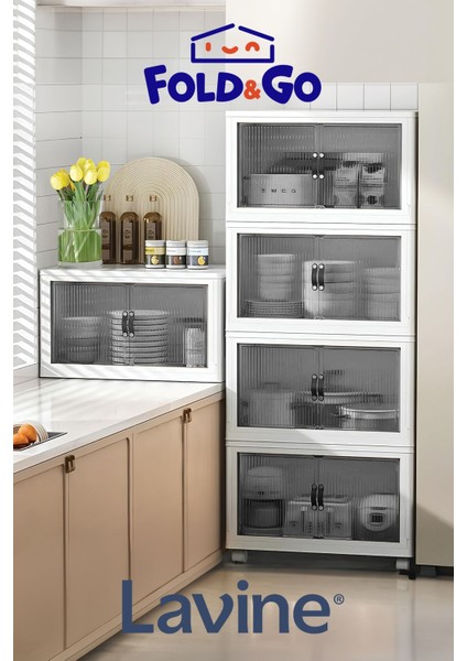Lavine Fold&go 4'lü Portatif Organizer Tekerlekli Dolap Çok Amaçlı Kapaklı Katlanır ”Toprak”