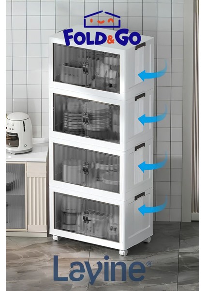 Lavine Fold&go 4'lü Portatif Organizer Tekerlekli Dolap Çok Amaçlı Kapaklı Katlanır ”Toprak”