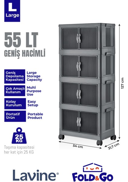 Lavine Fold&go 4'lü Portatif Organizer Tekerlekli Dolap Çok Amaçlı Kapaklı Katlanır ”Antrasit”