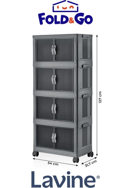 Lavine Fold&go 4'lü Portatif Organizer Tekerlekli Dolap Çok Amaçlı Kapaklı Katlanır ”Antrasit”