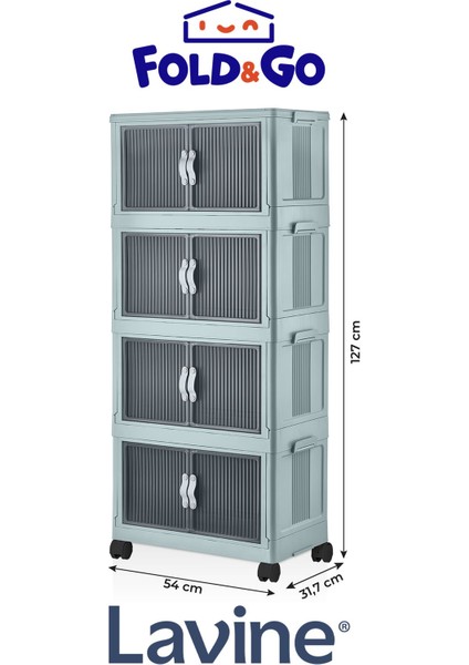 Lavine Fold&Go 4'lü Portatif Organizer Tekerlekli Dolap Çok Amaçlı Kapaklı Katlanır ”mavi”