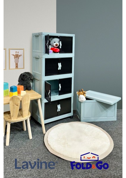 Lavine Fold&Go 4'lü Portatif Organizer Tekerlekli Dolap Çok Amaçlı Kapaklı Katlanır ”mavi”
