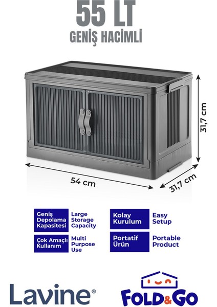 Lavine Fold&Go Tekli Portatif Organizer Dolap ”antrasit” Çok Amaçlı Mıknatıs Kapaklı Katlanır İstiflenebilir