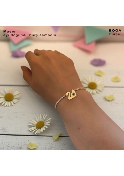 Altın Plakalı 14 Ayar Boğa Burçlarına Özel Beyaz Taşlı Kuğu Kuşu Motifli Hediye BILEKLIK-601BURÇ