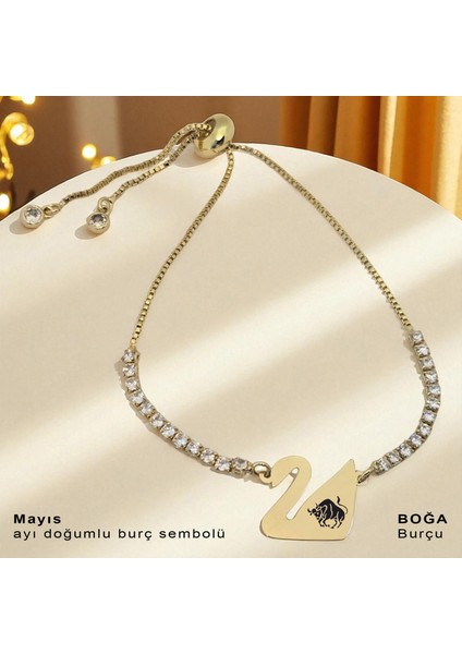 Altın Plakalı 14 Ayar Boğa Burçlarına Özel Beyaz Taşlı Kuğu Kuşu Motifli Hediye BILEKLIK-601BURÇ fiyatları