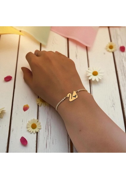 14 Ayar Altın Plakalı Kral Kartal Temalı Beyaz Taşlı Kuğu Kuşu Motifli Hediye BILEKLIK-601SEMBOL