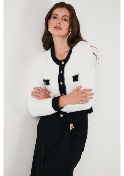 Premium Fitted Fit Bisiklet Yaka Düğmeli Tüylü Triko Hırka Bayan Hırka 680HI00549