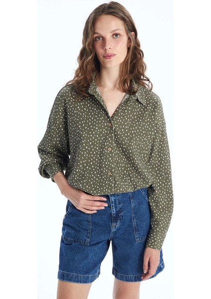 Lcw Vision Yeşil Desenli Uzun Kollu Oversize Kadın Gömlek