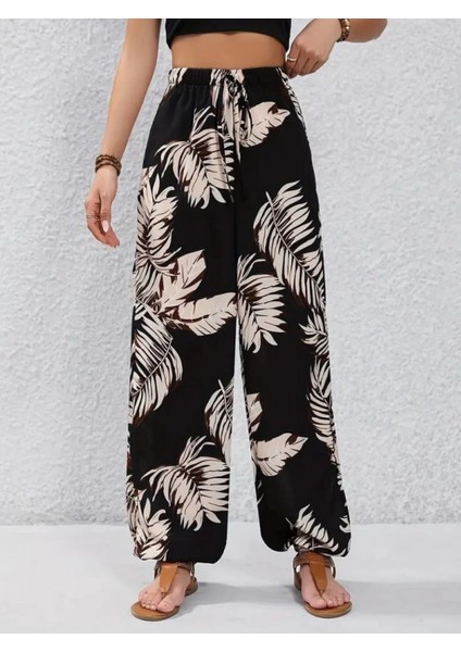 Yüksek Bel Bağcıklı Yaprak Desenli Pantolon