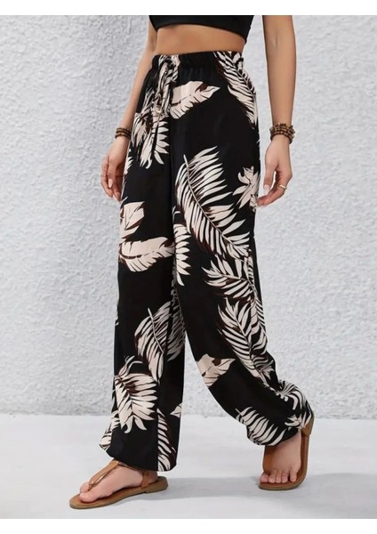 Yüksek Bel Bağcıklı Yaprak Desenli Pantolon fiyatları