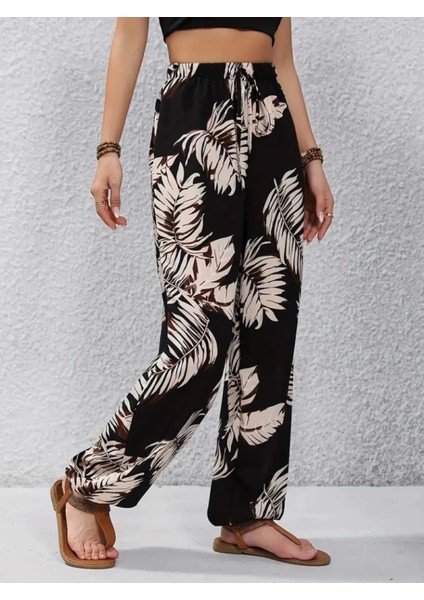 Yüksek Bel Bağcıklı Yaprak Desenli Pantolon modelleri