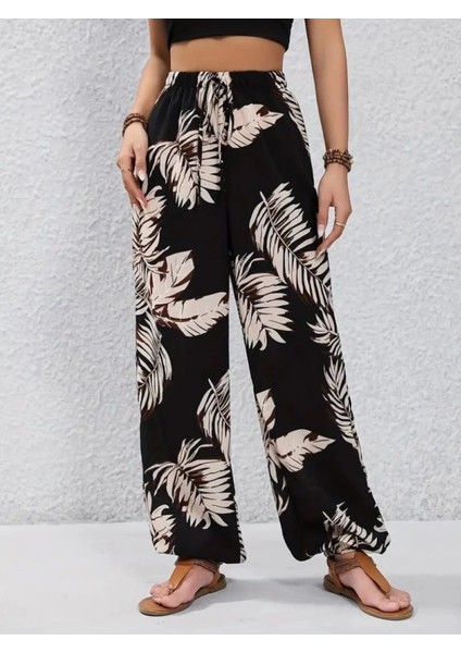 Yüksek Bel Bağcıklı Yaprak Desenli Pantolon indirimleri
