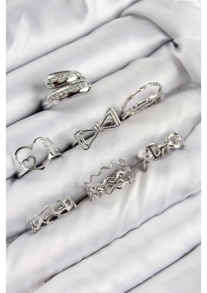 Bfs Pirinç Zirkon Taşlı Fiyonk ve Kalp Model Gümüş Renk Kadın Yüzük Kombin Set