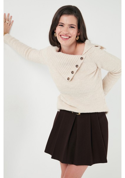 Premium Regular Fit Kayık Yaka Düğme Detaylı Kazak Bayan Kazak 680KZ002563 fırsatları