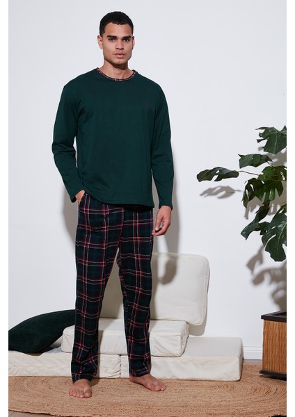 Pamuklu Regular Fit Bisiklet Yaka Ekoseli Pijama Takımı Erkek Pijama Takımı 6574001