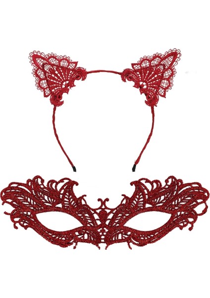 Bfs Şık Kırmızı Dantel Maske ve Taç Seti 5 No – Maskeli Balo &amp; Özel Etkinlikler