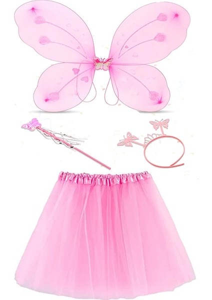 Bfs Toz Pembe Kelebek Kostümü - Toz Pembe Kelebek Kostüm Aksesuar Seti 4 Parça