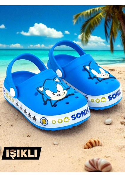 Erkek Çocuk Kaymaz Taban Sonic Figürlü Işıklı Plaj Havuz Terliği Sandaleti