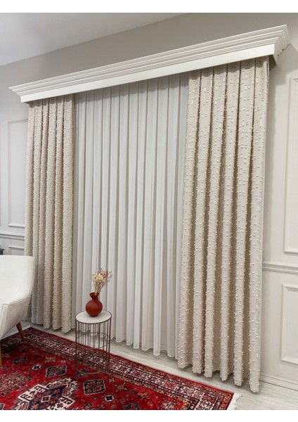 Ekru Renk Ponponlu Pufy Fon Perde 1/3 Sık Pile