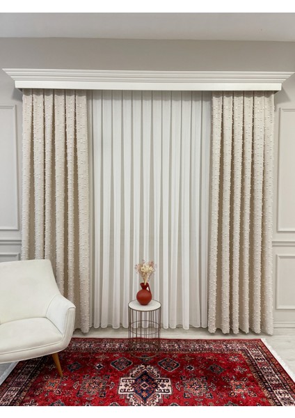 Ekru Renk Ponponlu Pufy Fon Perde 1/3 Sık Pile fırsatları