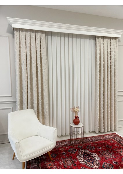 Ekru Renk Ponponlu Pufy Fon Perde 1/3 Sık Pile