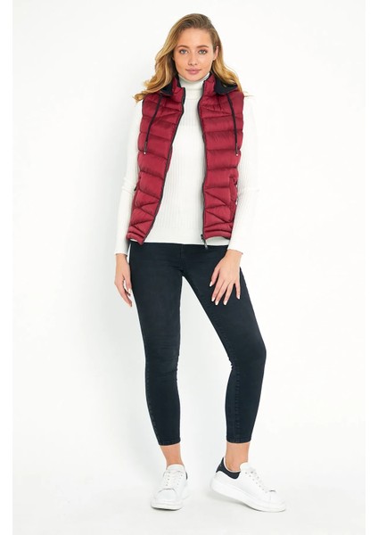 Kadın Bordo Şişme Yelek Kapüşon Içi Polarlı 5002