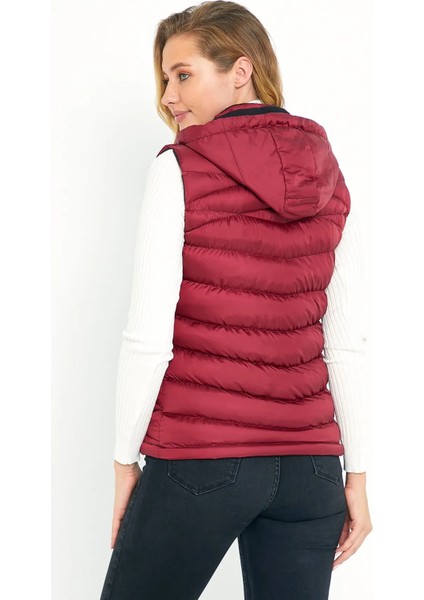 Kadın Bordo Şişme Yelek Kapüşon Içi Polarlı 5002