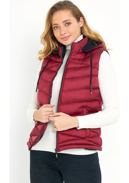 Kadın Bordo Şişme Yelek Kapüşon Içi Polarlı 5002