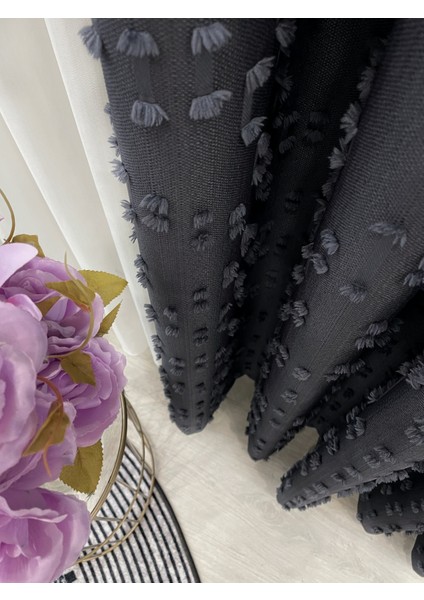 Antrasit Renk Ponponlu Pufy Fon Perde 1/3 Sık Pile fiyatları