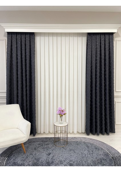 Antrasit Renk Ponponlu Pufy Fon Perde 1/3 Sık Pile modelleri