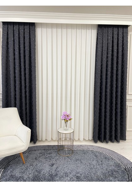 Antrasit Renk Ponponlu Pufy Fon Perde 1/3 Sık Pile fırsatları