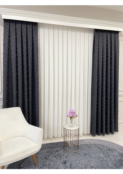 Antrasit Renk Ponponlu Pufy Fon Perde 1/3 Sık Pile indirimleri