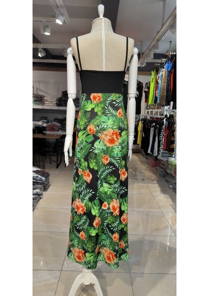 Kadın Askılı V Yaka Eteği Dijital Baskılı Çiçek Desenli Yırtmaçlı Mikro Kumaş Elbise