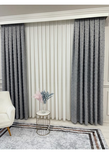 Açık Gri Renk Ponponlu Pufy Fon Perde 1/3 Sık Pile